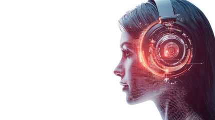 Woman in Headphones: A futuristic and abstract portrait of a woman wearing headphones with intricate, glowing circuitry, symbolizing the fusion of technology and human consciousness.  