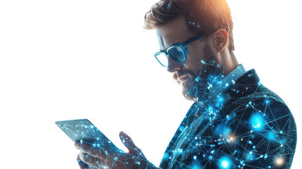 connected vision: a modern businessman in a suit and glasses uses a tablet, a digital network overla