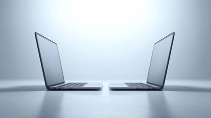 Two laptops facing each other on a light grey surface. Generative ai