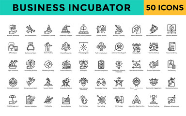 Business Incubator icons set with business workshop, skill development, entrepreneur training, leadership program, online learning platform, training session  icon. Simple line vector 
