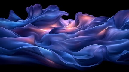 Wall Mural - abstract blue and orange flowing fabric waves on black background.