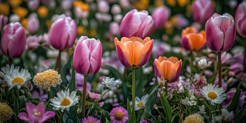 Wall Mural - A close-up of colorful spring flowers in a soft-focus background, with tulips, daisies, and cherry blossoms arranged to fill the frame.