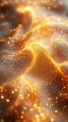 Wall Mural - Golden particles with light waves on black background. Energy flow concept