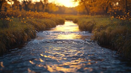 Poster - Golden sunset over calm stream in autumn.