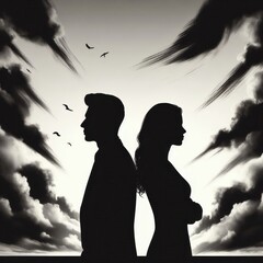 A couple silhouette background looking in different direction , in marriage clash and about to get divorce or to separate
