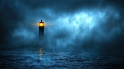 Wall Mural - A dark, stormy night on the ocean with a mysterious lighthouse glowing faintly in the distance, surrounded by mist; the eerie light cuts 