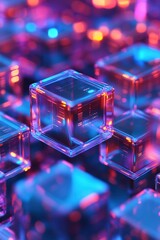 Wall Mural - neon-lit futuristic cubes glowing in vibrant pink and blue hues.
