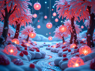 Wall Mural - enchanting winter scene with glowing orbs and frosty trees, 3d rendering of fantasy landscape concep