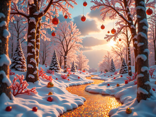 Wall Mural - magical winter landscape with snow covered trees and twinkling river at sunset, 3d rendering of fant