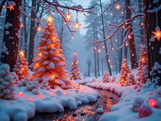 Wall Mural - a magical snowy forest with glowing trees and sparkling stream under a starry sky, digital of fantas