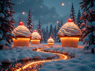Wall Mural - magical forest of illuminated cupcakes under a glowing winter sky, 3d rendering of fantasy concept.