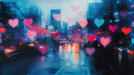 Canvas Print - A blurred urban skyline at night with floating translucent hearts in vibrant hues, evoking romance and whimsy.