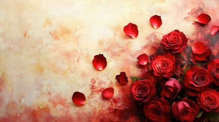 Wall Mural - A captivating display of red roses and petals artistically placed on a soft watercolor background with romantic hues