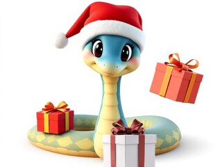 A cute snake wearing a Santa hat is holding a gift box