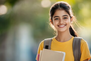 Wall Mural - young indian female student holding text book