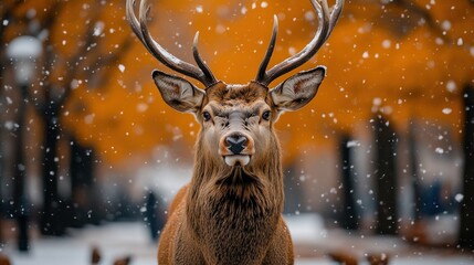 Wall Mural - Majestic deer in snowy autumn forest.