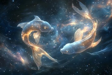 Wall Mural - depiction of the Pisces constellation as two ethereal fish swimming in a cosmic ocean