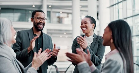 Poster - Applause, high five and networking with business people at conference center for success, support and solidarity. Diversity, partnership and connection expo with employees for pride and achievement