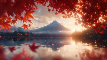 Poster - Majestic mountain sunrise framed by vibrant autumn leaves reflected in calm lake water.