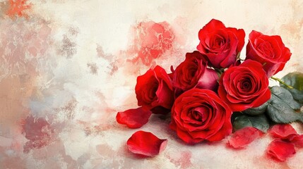 Sticker - A serene composition of vibrant red roses with petals, elegantly displayed on a soft watercolor canvas