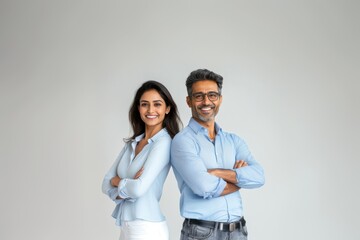 Wall Mural - happy indian businessman and businesswoman standing together on white background