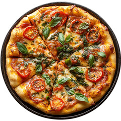 Wall Mural - Top view of herb and tomato pizza on a dark iron skillet isolated on a white transparent background