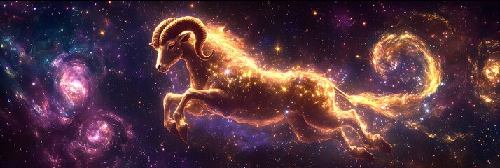 Wall Mural - Aries constellation forms a majestic ram leaping through a cosmic vortex, its body glowing with vibrant stars