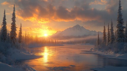 Poster - Majestic sunset over snow-covered mountain and river.