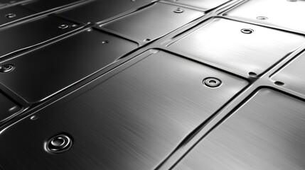 High-tech silver metallic panel with engraved markings, glowing buttons, and glossy minimalist decor.