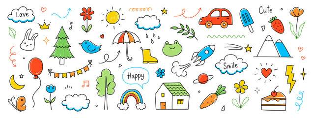 Wall Mural - cute kid background line flower, heart, rainbow icon. hand drawn doodle sketch baby element set. flo