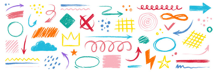 Aufkleber - Arrow brush line color paint element shape set. Crayon abstract doodle color circle, arrow sketch hand drawn. Texture crayon brush sketch style shape background. Vector illustration