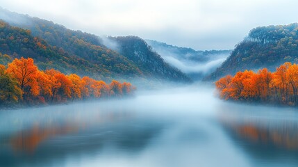 Poster - Misty autumn river valley landscape.