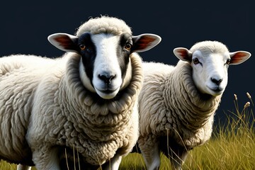 there are two sheep standing in a field of tall grass