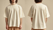 © suriyani - mockup of a man wearing a beige oversized plain t-shirt, front and back isolated on a cream background, Ai generated images