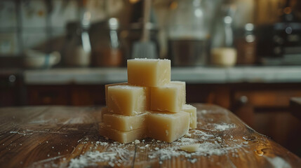 Stacked Cubes of Creamy Yellow Soap on Wood Table, Rustic Still Life Photo