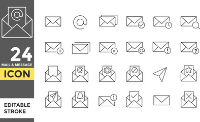 Mail & message Editable line stroke icon set. Pixel perfect. Contact and Communication Icons. Speed delivery symbol. Email sign. Envelope set. Send message sign. Received message