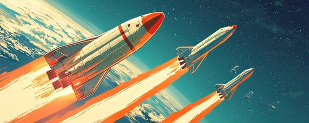 Wall Mural - vintage illustration of futuristic rockets launching into space