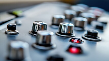 Modern silver control panel with backlit buttons and shiny metallic accents in a minimalist setting.