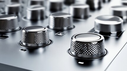 Modern silver control panel with backlit buttons and shiny metallic accents in a minimalist setting.