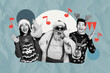 © deagreez - Composite 3d creative image collage of three happy girl guy old man santa claus sing karaoke note xmas party celebration event