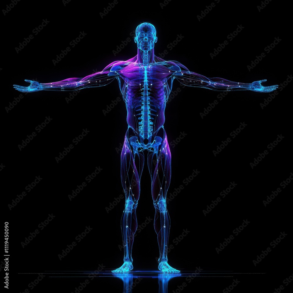 3D digital illustration of human anatomy with neon glow Stock Photo ...