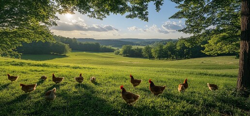 Wall Mural - Idyllic sunset over a green pasture with free-range chickens.