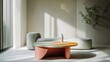 © Intach - Minimalist living room with a colorful table, modern furniture in soft tones, and natural light enhancing the tranquil ambiance