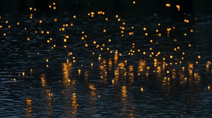 Golden bokeh lights reflected on dark water at night. Abstract background image.