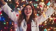 © timurlan999 - Happy doctor celebrating christmas with falling confetti in front of decorated tree