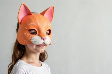 Wall Mural - On the left is a portrait of a teenage girl wearing a bright orange paper cat mask covering her face. On the right is an empty space for text. Light gray monochromatic background