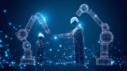 Abstract Collaborative Robots (Cobots) Assisting Human Workers, Enhanced by Low Poly Wireframe, Dynamic Lines, and Glowing Particles on a Dark Blue Background.