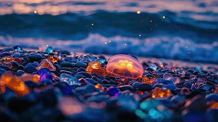 Wall Mural - at night, there are colorful pebbles on the beach, with a few pieces of colored glass sandwiched in 