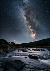 Stunning night sky with the Milky Way stretching across a starry backdrop. Ideal for nature and astronomy themes.