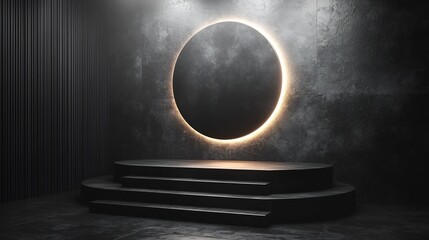 Wall Mural - Stylish Matte Black Podium with Glowing Halo of Soft White Light on Minimalist Gray Background